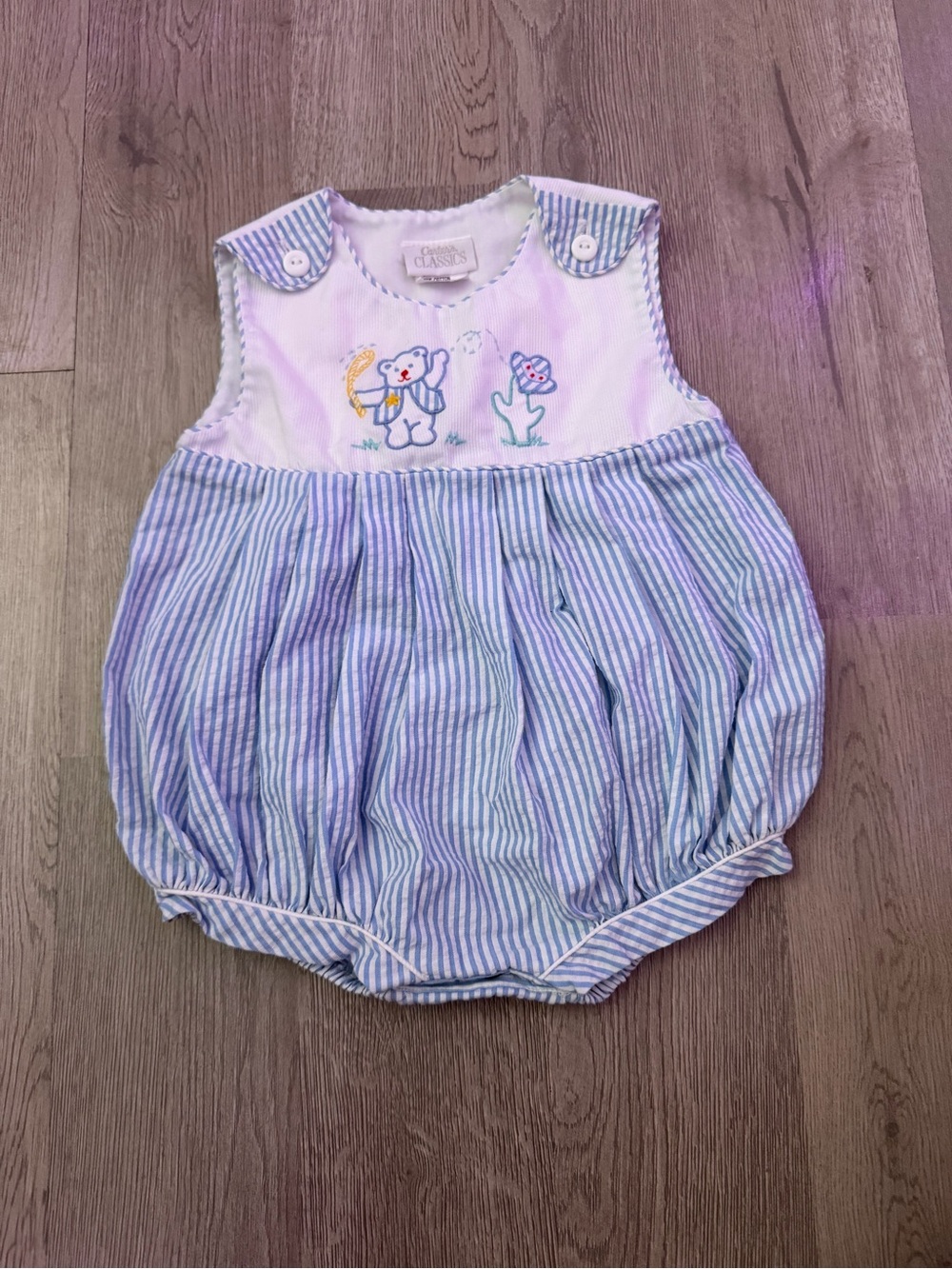 Vintage Carter Blue and White Striped Cotton Bubble Romper with Embroidery Bears